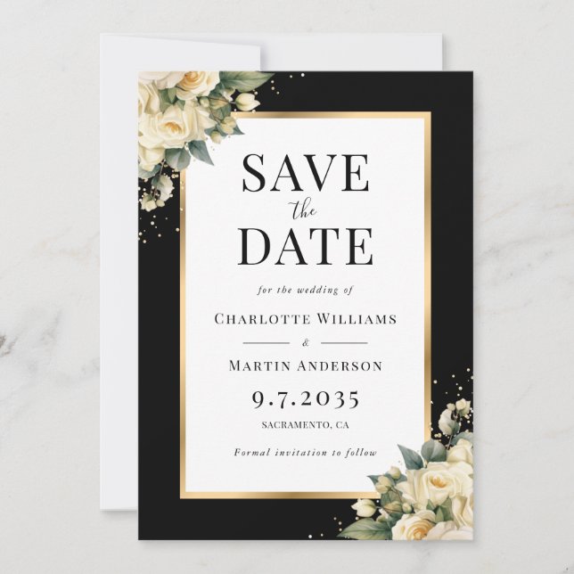 Black Ivory Gold Floral Wedding Save the Date Card (Vorderseite)
