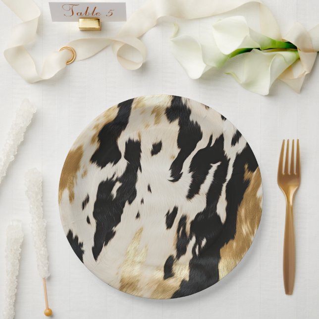 Black Ivory Gold Western Cowhide Pappteller (Hochzeit)