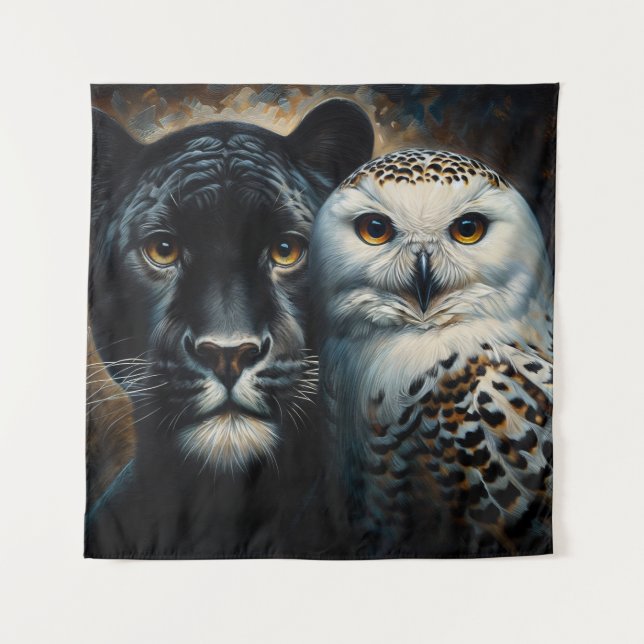 Black Jaguar and Snowy Owl Painting Wandteppich (Vorderseite)