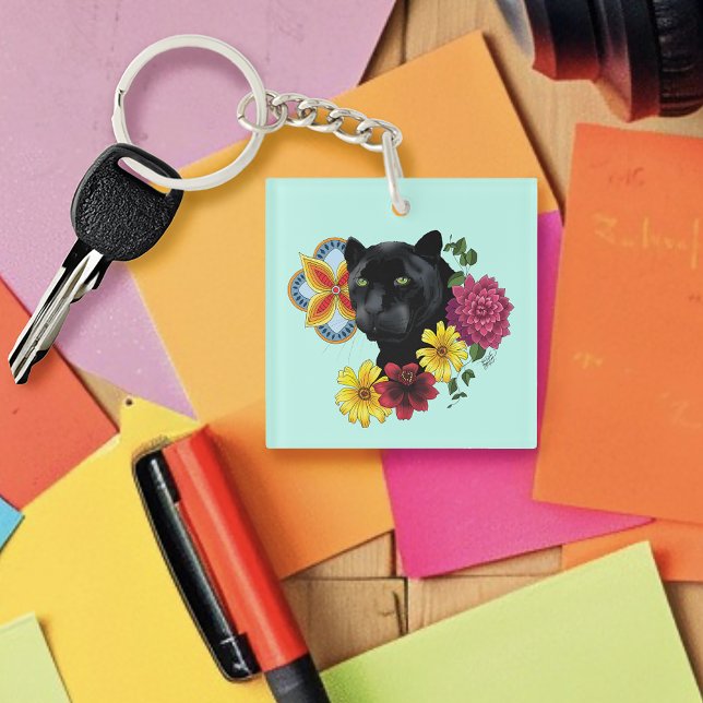 Black Jaguar Portrait Blume Schlüsselanhänger (Von Creator hochgeladen)