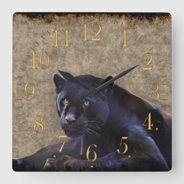 Black Jaguar, Rustic Grunge BG Wildlife Wall Clock Quadratische Wanduhr (Vorderseite)