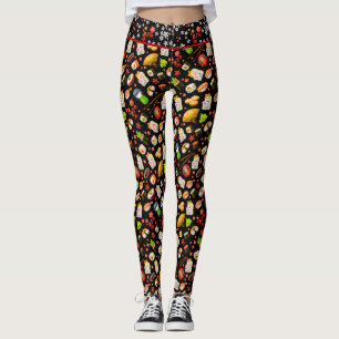 Black Japanese Maneki Neko Cat und Sushi Leggings
