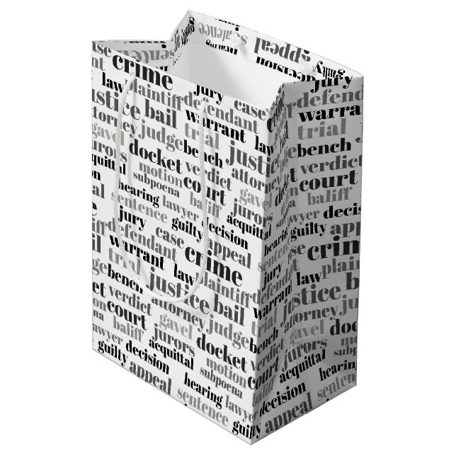 Black Judicial Text Word Cloud on White Mittlere Geschenktüte (Rückseite Schrägansicht)