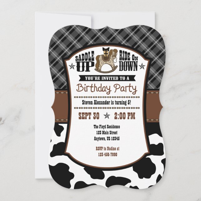 Black Kariert Cowhide Cowboy Birthday Einladung (Vorderseite)