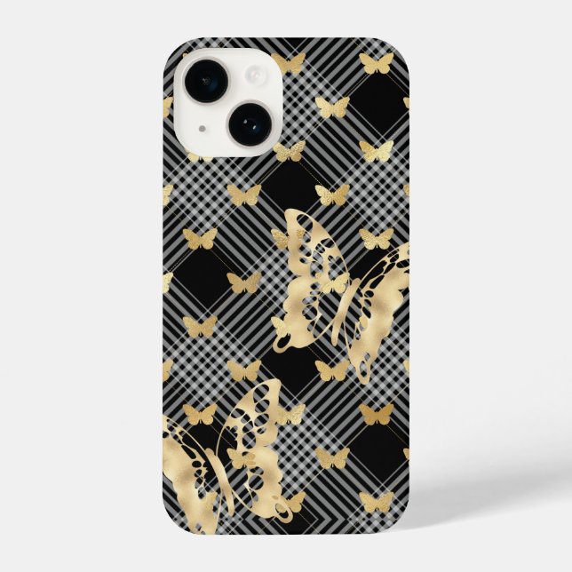 Black Kariert Golden Butterflies iPhone 14 Hüllen iPhone 14 Hülle (Rückseite)
