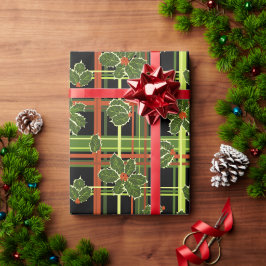 Black Kariert Holly Berries Weihnachten Geschenkpapier
