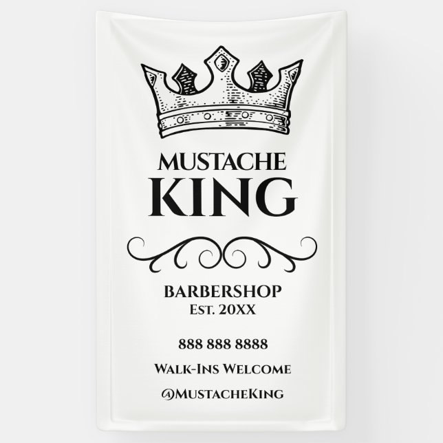 Black King's Crown und Mustache Barbershop Banner (Vertikal)