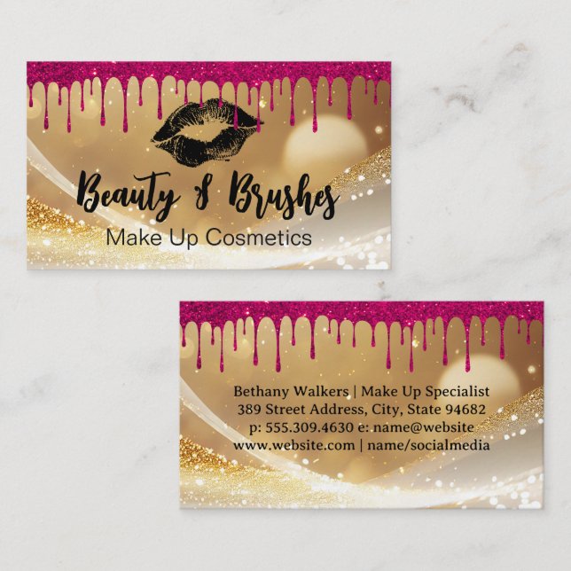 Black Kiss Stain | Gold Glitzer und Tropfen Visitenkarte (Vorne/Hinten)