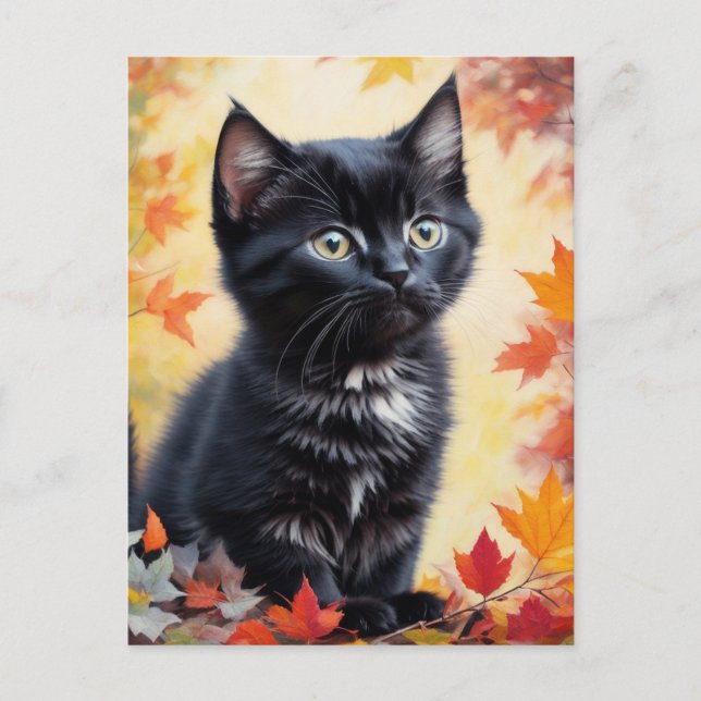 Black Kitten Autumn Scene Flat Card Postkarte (Vorderseite)