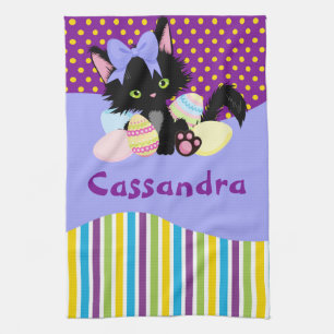 Black Kitten Easter Egg Dots and Stripes Geschirrtuch