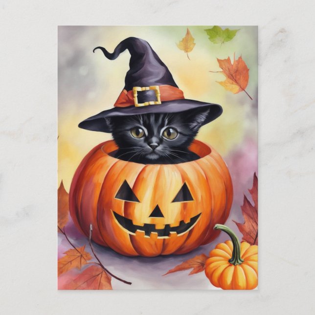 Black Kitten Halloween Pumpkin Hexenhut Postkarte (Vorderseite)