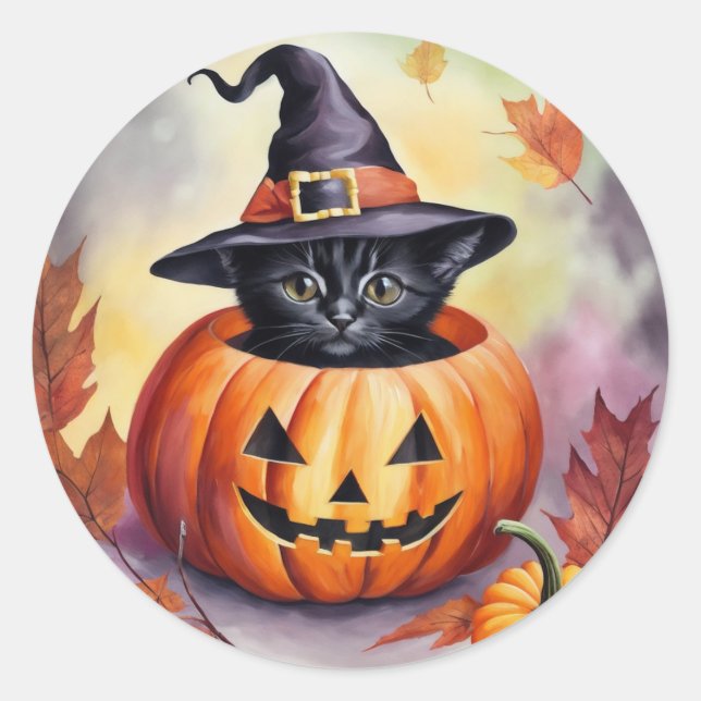 Black Kitten Halloween Pumpkin Hexenhut Runder Aufkleber (Vorderseite)