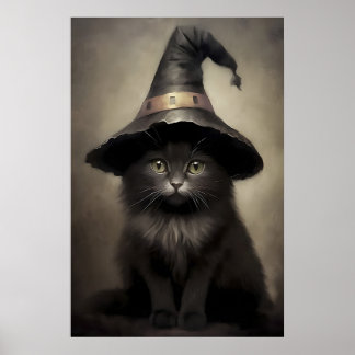 Black Kitten In A Witch's Hat Print, Halloween Cat Poster