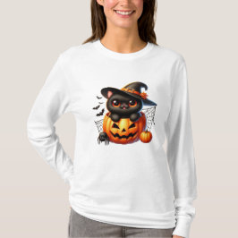 Black Kitten in einem Halloween-Kürbis T-Shirt
