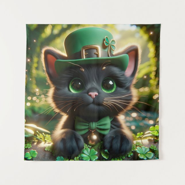 Black Kitten in Green St. Patrick's Day Attraktion Wandteppich (Vorderseite)