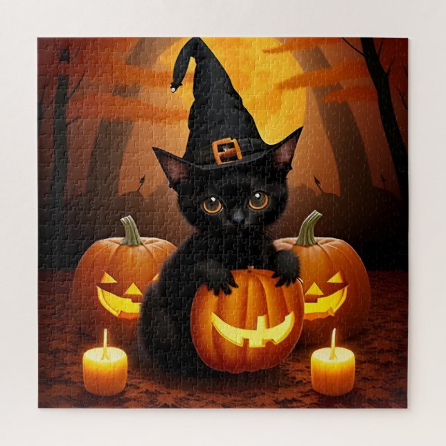 Black Kitten in Hexenhut Amid Halloween Pumpkins (Vertikal)