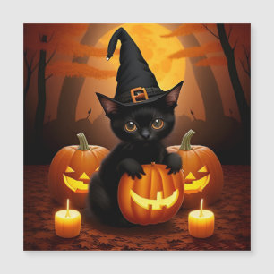 Black Kitten in Hexenhut Amid Halloween Pumpkins Magnetkarte