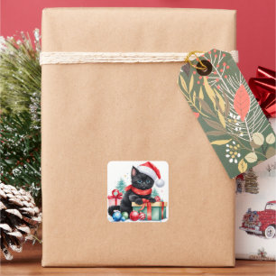 Black Kitten in Weihnachtsmannmütze Frohe Weihnach Quadratischer Aufkleber