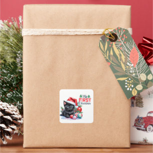 Black Kitten in Weihnachtsmannmütze Frohe Weihnach Quadratischer Aufkleber