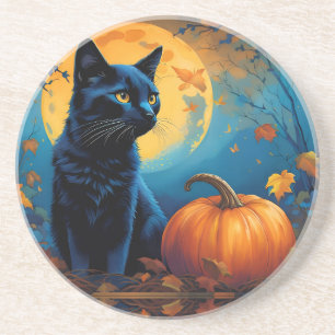 Black Kitten Pumpkin Vollmond Autumn Blätter Getränkeuntersetzer
