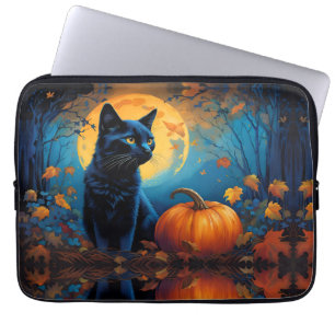 Black Kitten Pumpkin Vollmond Autumn Blätter Laptopschutzhülle