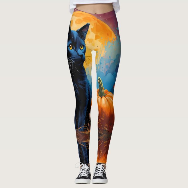 Black Kitten Pumpkin Vollmond Autumn Blätter Leggings (Vorderseite)
