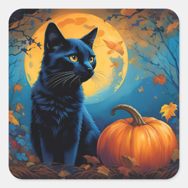 Black Kitten Pumpkin Vollmond Autumn Blätter Quadratischer Aufkleber (Vorderseite)