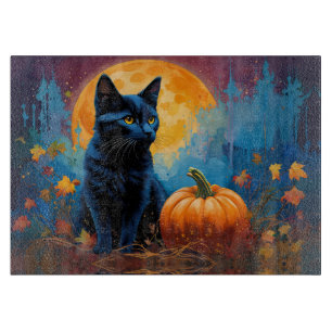Black Kitten Pumpkin Vollmond Autumn Blätter Schneidebrett