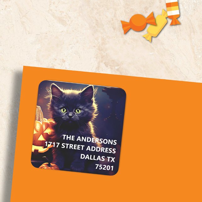 Black Kitten & Pumpkins Halloween-Adressaufkleber Quadratischer Aufkleber (Von Creator hochgeladen)
