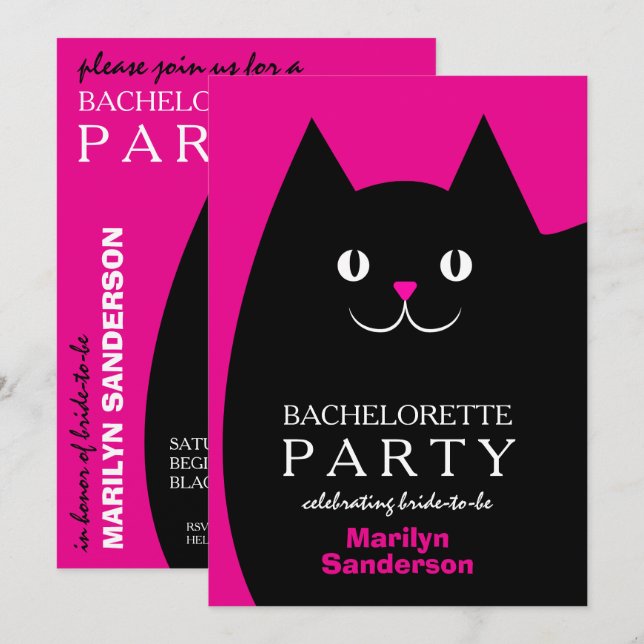 Black Kitty Cat Bachelorette Einladung (Vorne/Hinten)