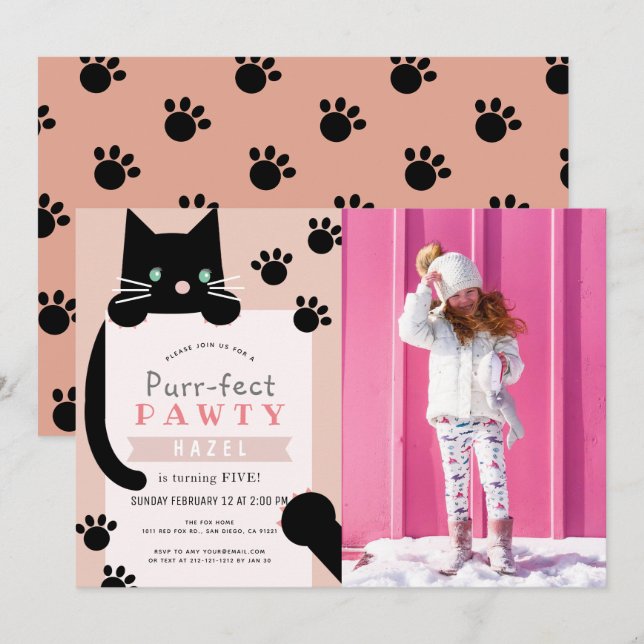 Black Kitty Cat Girl Pink Foto Geburtstag Einladung (Vorne/Hinten)