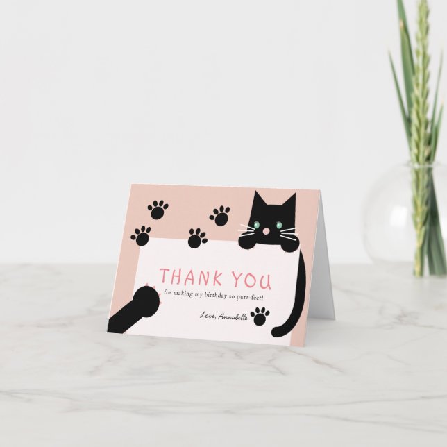 Black Kitty Cat Girl Pink Geburtstag Dankeskarte (Vorderseite)