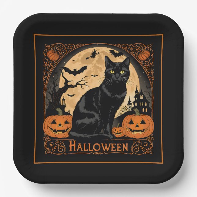Black Kitty Cat Halloween Pappteller (Vorderseite)