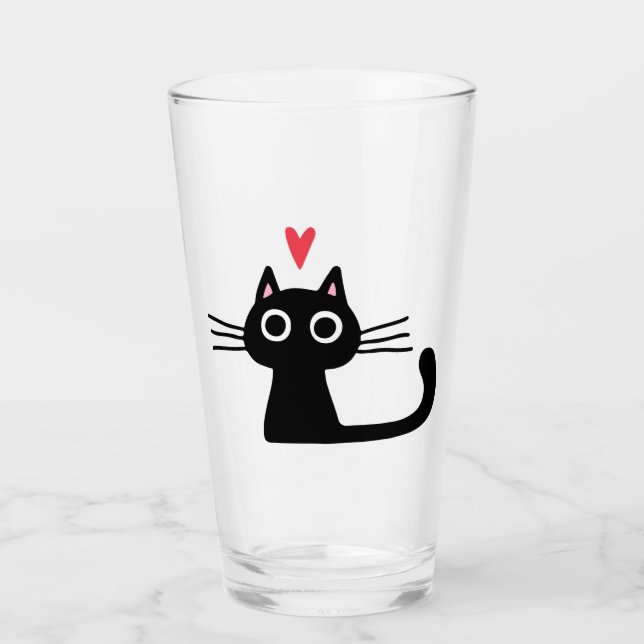 Black Kitty Cat mit Valentinherz Glas (Vorderseite)