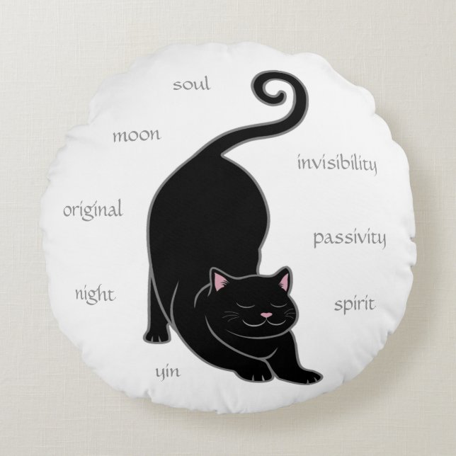 Black Kitty Cat Yoga & Editable Text Round Pillow Rundes Kissen (Vorderseite)