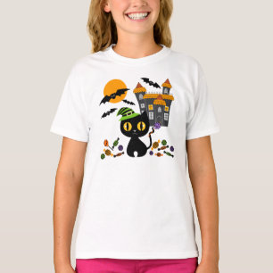 Black Kitty Halloween Girls T Shirts