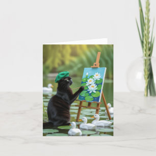 Black Kitty Painting Water Lilies Dankeskarte
