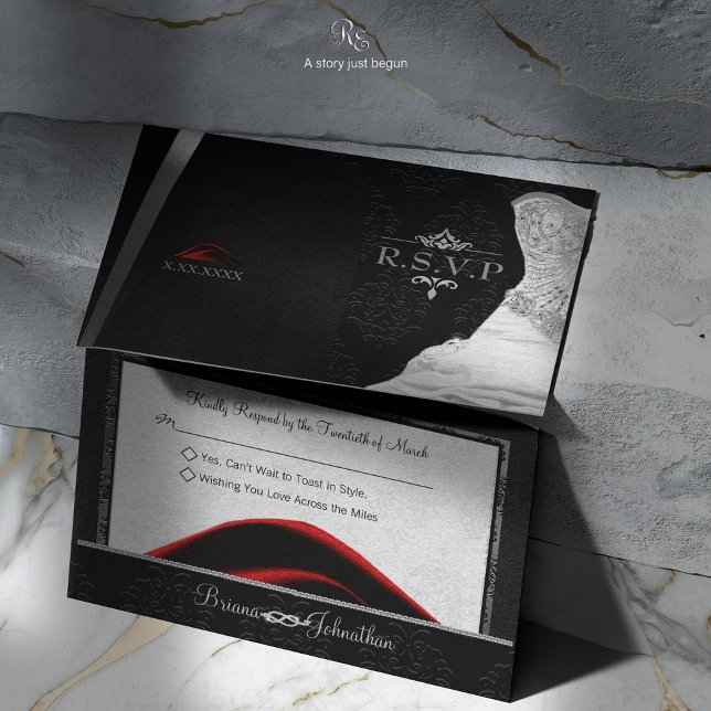 Black Krawatte Diamond RSVP Karte (Black Tie Diamond RSVP, featuring tuxedo and gown design with diamond love knot and fleur-de-lis.)