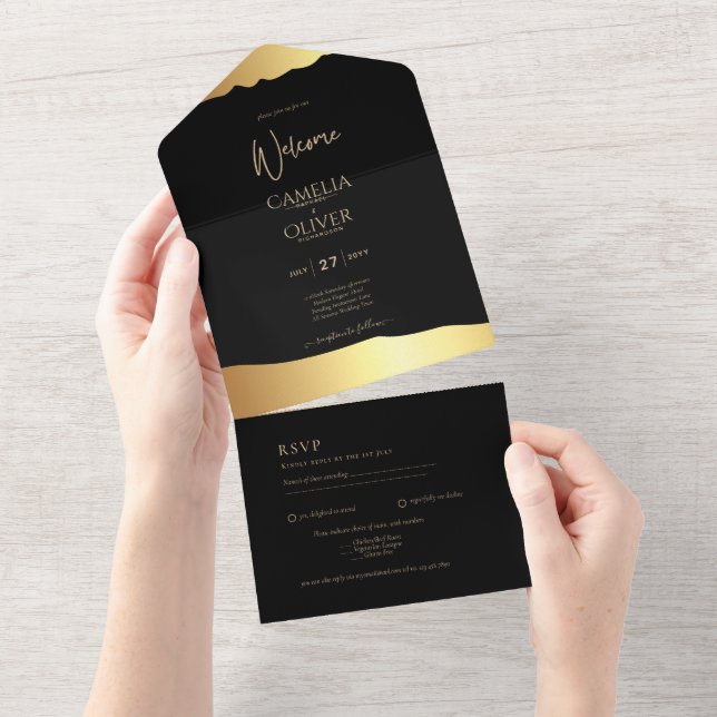 Black Krawatte Wedding Gold Foil Script Elegantes  All In One Einladung (Abreißen)