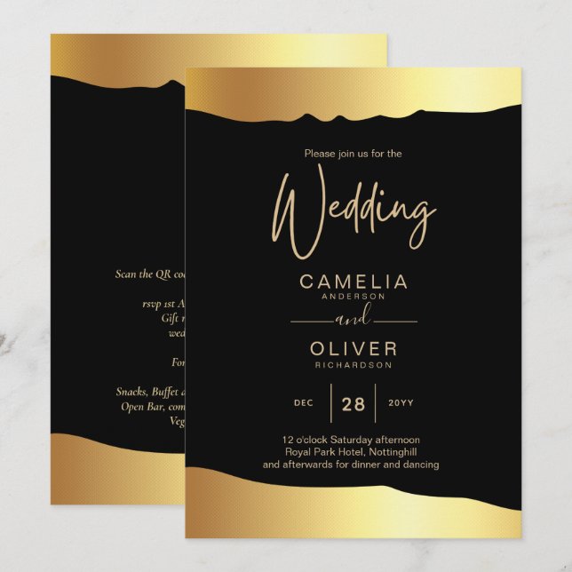 Black Krawatte Wedding Gold Foil Script Elegantes  Einladung (Vorne/Hinten)