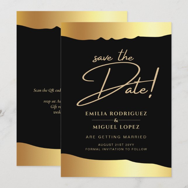 Black Krawatte Wedding Gold Foil Script Elegantes  Einladung (Vorne/Hinten)