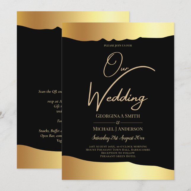 Black Krawatte Wedding Gold Foil Script Elegantes  Einladung (Vorne/Hinten)