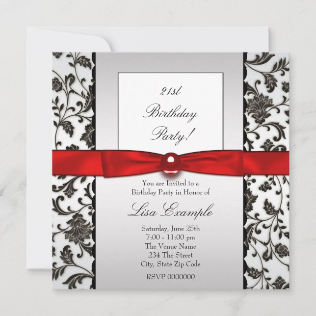 Black Krawatten Damask Womans Birthday Party Einladung (Vorderseite)