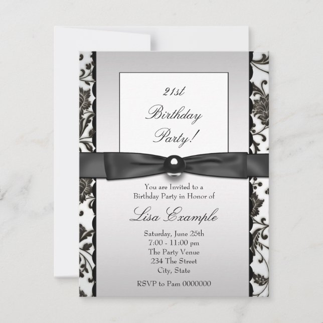 Black Krawatten Damask Womans Birthday Party Einladung (Vorderseite)