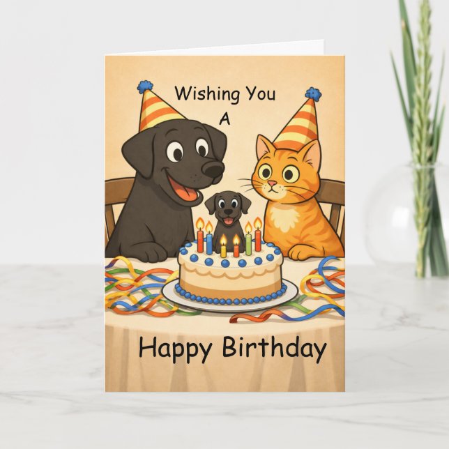 Black Lab & Cat Birthday Card – Happy Birthday Karte (Vorderseite)