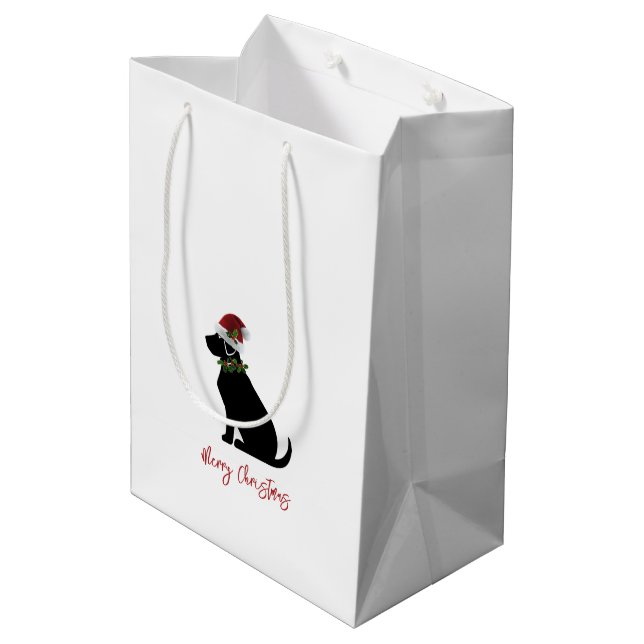 Black Lab Frohe Weihnachts-Weihnachtsmannmütze Hol Mittlere Geschenktüte (Rückseite Schrägansicht)