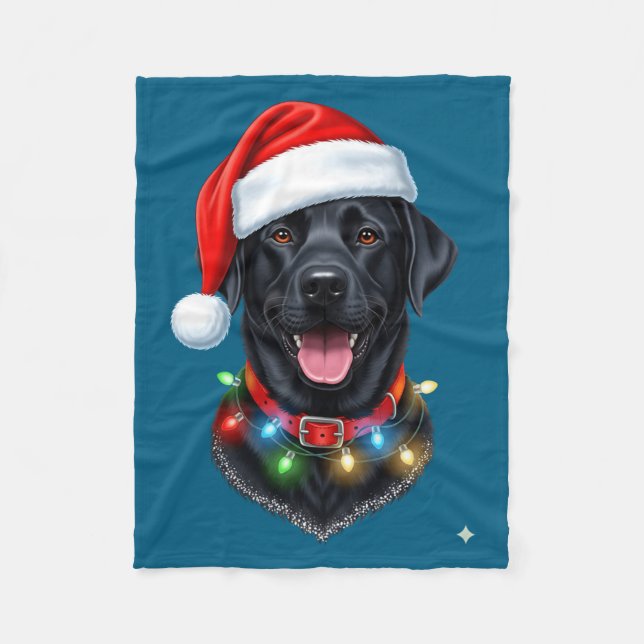 Black Lab Labrador Christmas Dog Santa Hat Light P Fleecedecke (Vorderseite)