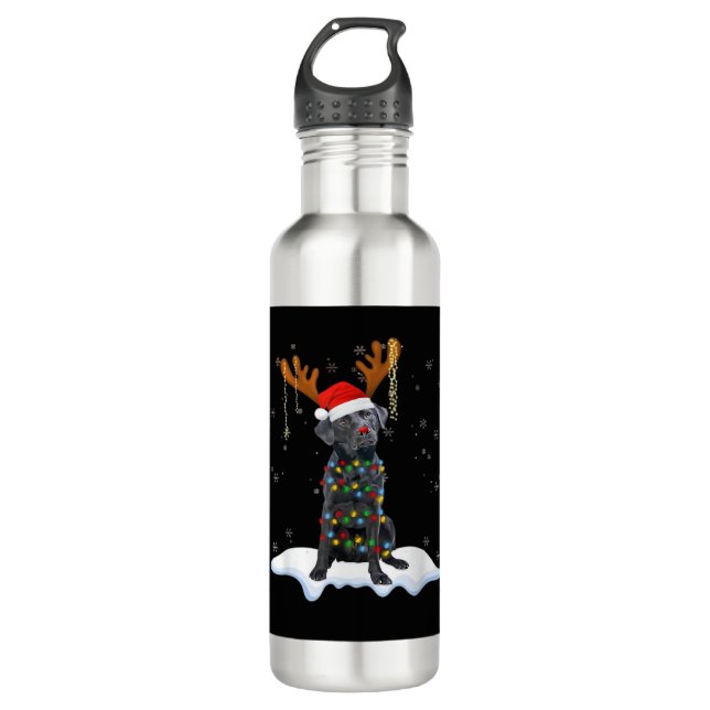 Black Lab Labrador Christmas Tree Light Pajama Dog Edelstahlflasche (Vorderseite)