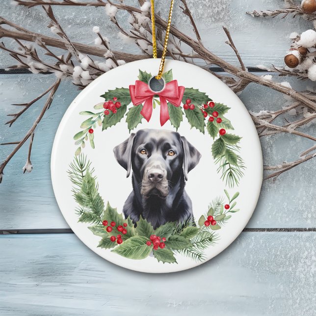 Black Lab Retriever Red Bow Holly Wreath Keramik Keramik Ornament (Von Creator hochgeladen)
