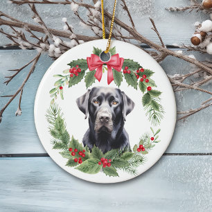 Black Lab Retriever Red Bow Holly Wreath Keramik Ornament